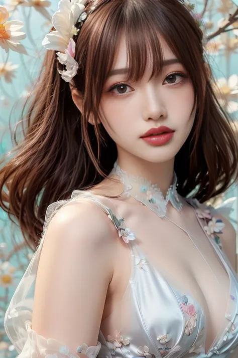 4K Ultra HD, masterpiece, girl, Nice face, Fine grain, Detailed lips, 花のFairyの少女, Big Wings, Transparent feathers, Neon Light, (Galaxy Background:1.5), (Floral Dress:1.8), (White Dress:1.5), In heaven,Angel、Fairy、(((Gentle Smile 1.3)))