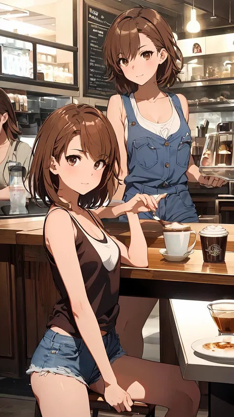 (Highest quality:1.5, High resolution, uhd, 4K, Detailed lighting, Shaderisaka Mikoto　One girl with a perfect figure、Very narrow face and eyes、Brown eyes　Brown Hair　short hair、Tank top:Random color 1pc.2、Short jeans、At the cafe、Coffee on the table、Small br...