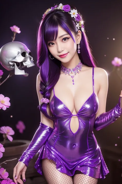 sexy Thai model who controls poison、beautiful smile、lipgloss、intense makeup、look at the camera、full body Esbian、、sparkling poisoned flower costume (purple)、、、、shiny sparkling multicolor hair、secrete poison、skull hair accessories、fishnet tights、shiny sparkl...