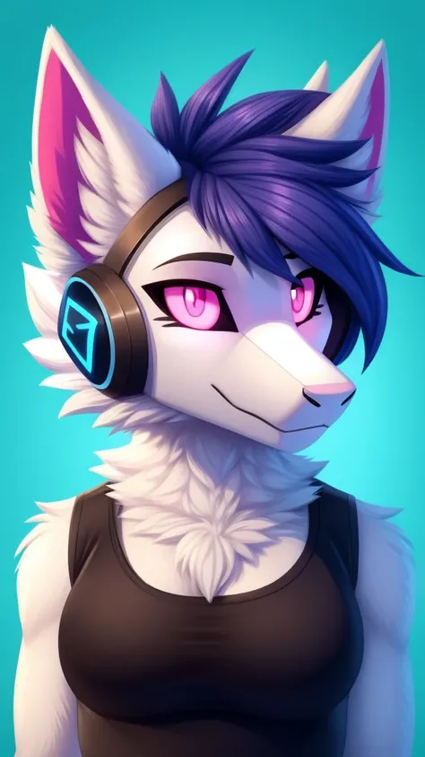 Furry wolf female protogen anthropomorphic white fur pink eyes blue ears wearing a black tank top headshot view 