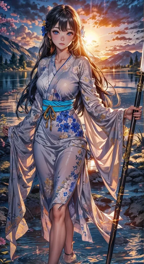 The sun goes down、Has a spear、Lake behind、Kimono with blue floral pattern、Realistic eyes、The tip of the spear glows yellow in the setting sun.、