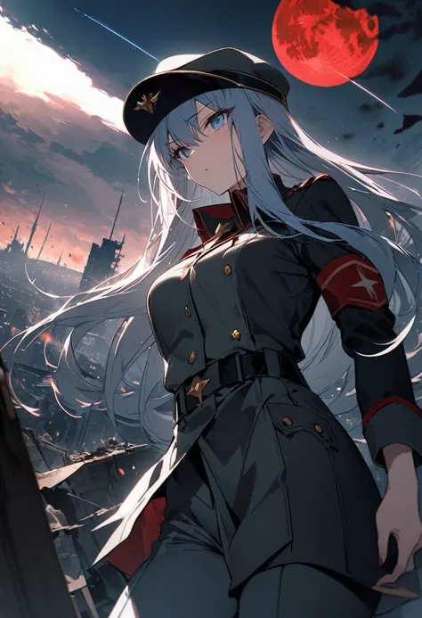 Facing forward　girl　Military uniforms with a white base and some black　Spectacular Background　A shooting star is falling　Beautiful night view　　　She is on the right　On the left you can see the destroyed city.　He has a gun　　　服にはplaneが描かれています　背景の上部にはFighterが飛...