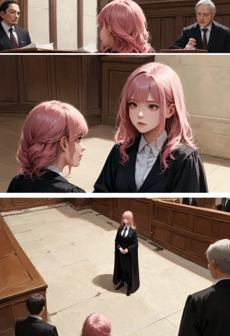 girl, lawyer, court, speech, discuss, Detailed Background, Realistic, Movie stills, Highest quality, masterpiece, so beautiful, Perfect composition, Intricate details, Super detailed, Animajin, (pink hair,