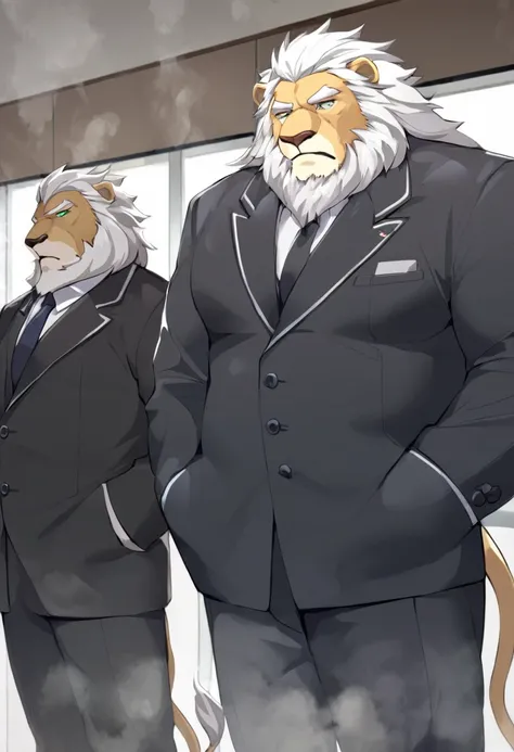 lion，personification，Mature male，Strong Man，White hair，White beard，Cold expression，Green pupils，Gray eyebrows，Black suit suit，Hands in pockets，The Age of Steam，Hospital Office。