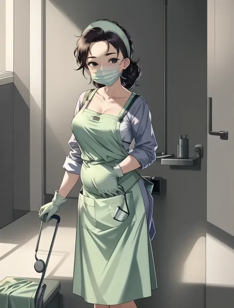 ((masterpiece, best quality, high quality)),1girl, pregnant, (lower body, hospital),   (doctor_apron, apron, mask, bouffant cap,...