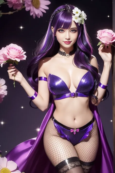 sexy Italian model who controls poison、beautiful smile、lipgloss、intense makeup、look at the camera、full body Esbian、、sparkling poisoned flower costume、、、、shiny sparkling multicolor hair、secrete poison、skull hair accessories、 fishnet tights、shiny sparkling f...