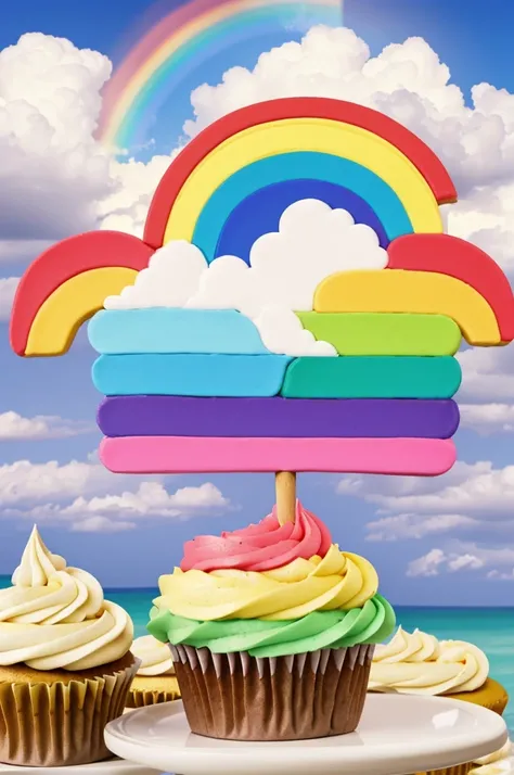 A logo for a cupcake store with cupcakes floating in clouds with rainbows everywhere