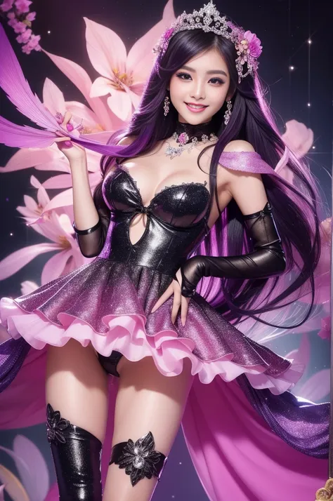 sexy Thai model who controls poison、beautiful smile、lipgloss、long lashes、smokey eyeshadow、look at the camera、full body Esbian、、sparkling poisoned flower costume、、、、sparkling Colorful hair、secrete poison、skull hair accessories、ultra detailed tights、shiny sp...