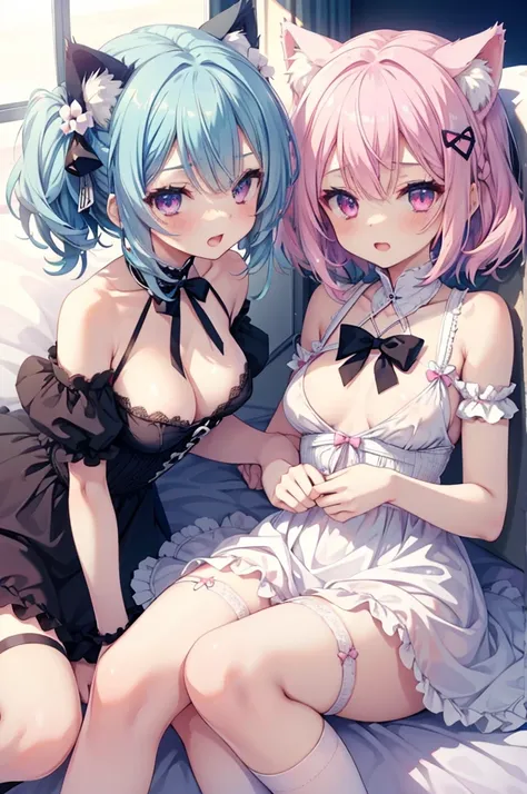 NSFW,Two Girls,Lying down,Bring nipples to nipples together,show off nipple,shorth hair,Light blue hair,Light pink hairstyle，Cat ears，Pink eyes，Black and white Lolita clothes,Light blue Lolita，white sock，pink bows,Smile with open mouth,garter strap,Top ima...