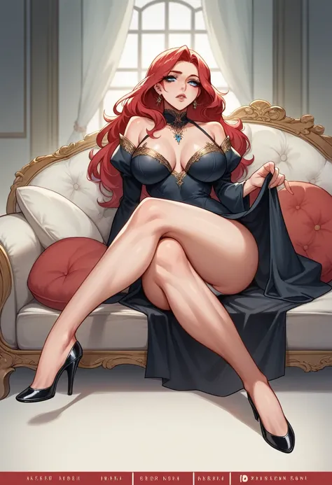 .21 year old woman , Long straight red hair, bright and expressive blue eyes, she opted for an elegant black dress. service, busty. comic style. She is sitting on the sofa in an imposing and sexy pose, your legs are open and your panties are showing, she o...