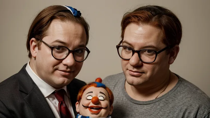 a chubby populist politicians with glasses and yarmulke and his short gingerhead clown friend, in the style of ernie and bert