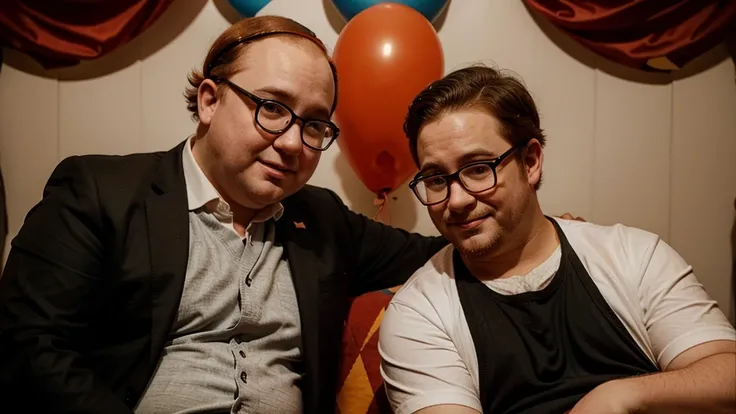 a chubby populist politicians with glasses and yarmulke and his short gingerhead clown friend, in the style of ernie and bert