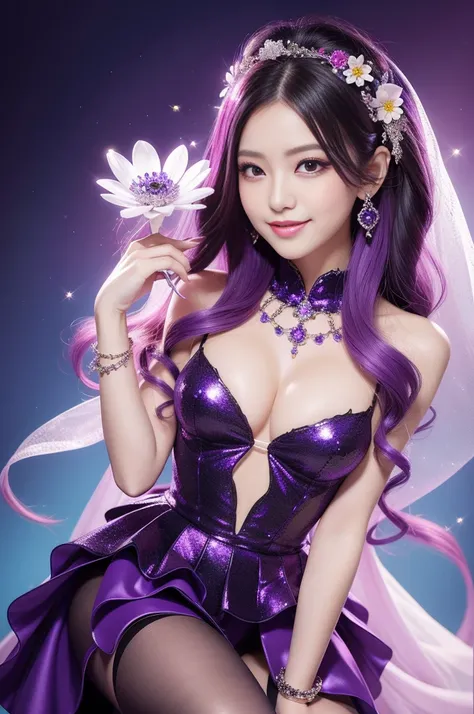 beautiful sexy model who controls poison、beautiful smile、lipgloss、long lashes、intense makeup、look at the camera、full body Esbian、、sparkling poisoned flower costume、、、、shiny sparkling multicolor hair、secrete poison、skull hair accessories、ultra detailed tigh...