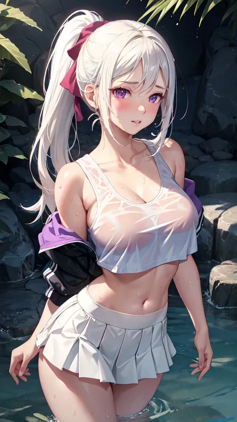 realistic, 1girl, ponytail, parted lips, blush, makeup, light smile, white hair, sportswear, skirt, wet clothes, glow, thighs, purple eye, bare shoulders, collarbone, narrow waist, sunbeam, sunlight, rose, wind, cleavage, (masterpiece), sweat,