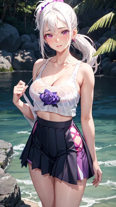 realistic, 1girl, ponytail, parted lips, blush, makeup, light smile, white hair, sportswear, skirt, wet clothes, glow, thighs, purple eye, bare shoulders, collarbone, narrow waist, sunbeam, sunlight, rose, wind, cleavage, (masterpiece), sweat,