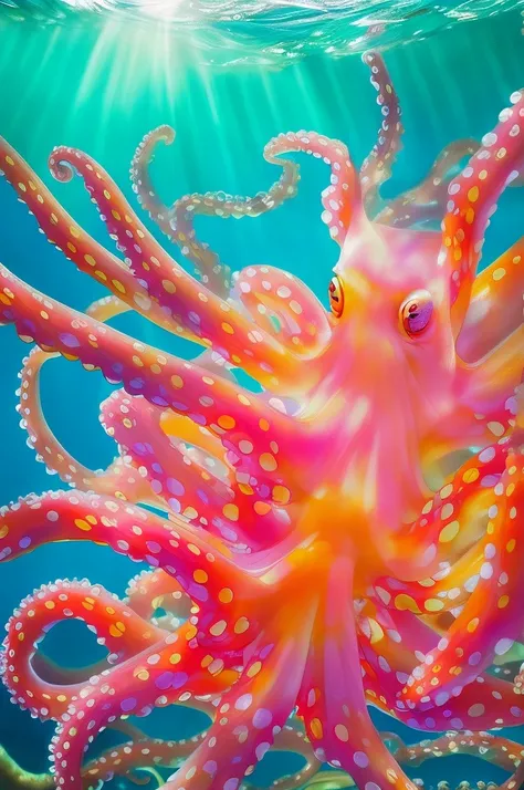 (Highest quality,4K,8K,High resolution,masterpiece:1.2),(Transparent color octopus:1.3),Super detailed,Realistic:1.37,Vibrant colors,Underwater Scene,Beautiful and elaborate coral reefs,The bright sun illuminates the clear blue sea,Abundant marine life,Col...