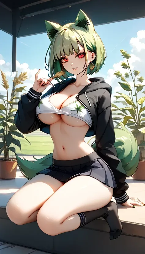   , Croped, , cleavage, slim waist, cropped hoodie underboob, cropped hoodieunderboobhoodie, 1girl, 2 wolf ears, wolf tail, marijuana crop hoodie, crop shorts, marijuana hoodie, spiky hair, spiky fur, green hair, red eyes,marijuana field, tight clothes, pe...