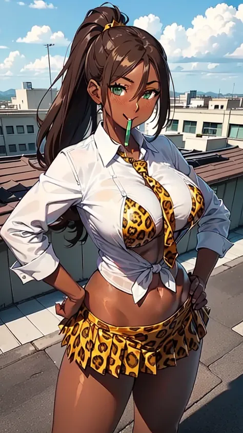 masterpiece, Highest quality, Very detailed, One girl, Improve, Mature Woman, alone, (Dark brown skin:2), Mislan, (Huge breasts:1.1), ((((Blonde), Long Hair, ponytail, Green Eyes, elongated pupils))), Part your lips, (((White shirt, tie shirt, Open clothes...