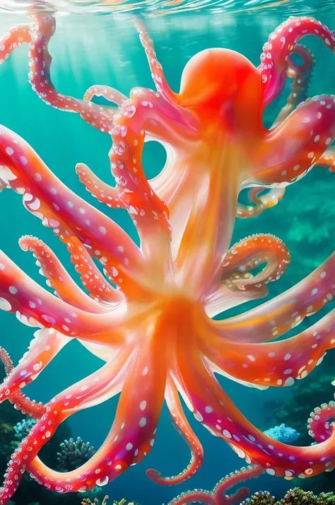 (Highest quality,4K,8K,High resolution,masterpiece:1.2),(Transparent color octopus:1.3),Super detailed,Realistic:1.37,Vibrant colors,Underwater Scene,Beautiful and elaborate coral reefs,The bright sun illuminates the clear blue sea,Abundant marine life,Col...