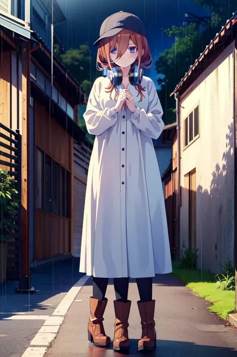 miku nakano, Nakano Miku Ticket III, Long Hair, bangs, blue eyes, Brown Hair, Hair between the eyes,Baseball hats,Headphones around neck,Oversized blue hoodie,Long skirt,short boots,rain,Hiding in a roofed building,Standing leaning against the wall,whole b...