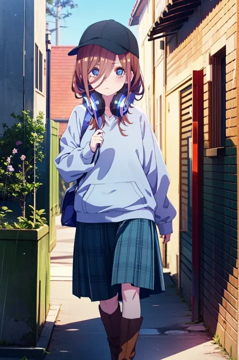 miku nakano, Nakano Miku Ticket III, Long Hair, bangs, blue eyes, Brown Hair, Hair between the eyes,Baseball hats,Headphones around neck,Oversized blue hoodie,Long skirt,short boots,rain,Hiding in a roofed building,Standing leaning against the wall,whole b...