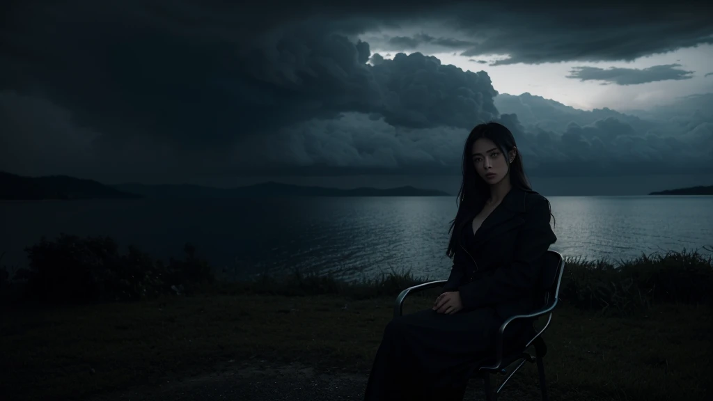 A photo of a beautiful girl sitting on a chair, looking at the sky with a dark, somber atmosphere. The surroundings are shadowy and moody, with deep, dramatic lighting adding to the intensity of the scene. The background features a dark sky with heavy clou...