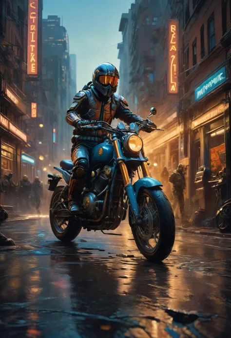 Motorcycle, rider, full body, by Ralph McQuarrie, dramatic composition, cinematic dynamic action scene, vibrant colors, cinematic lighting, dramatic lighting, best quality, masterpiece, very aesthetic, perfect composition, intricate details, ultra-detailed