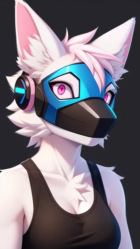 Furry protogen female anthropomorphic white fur pink eyes blue ears wearing a black tank top medium breast size headshot view 