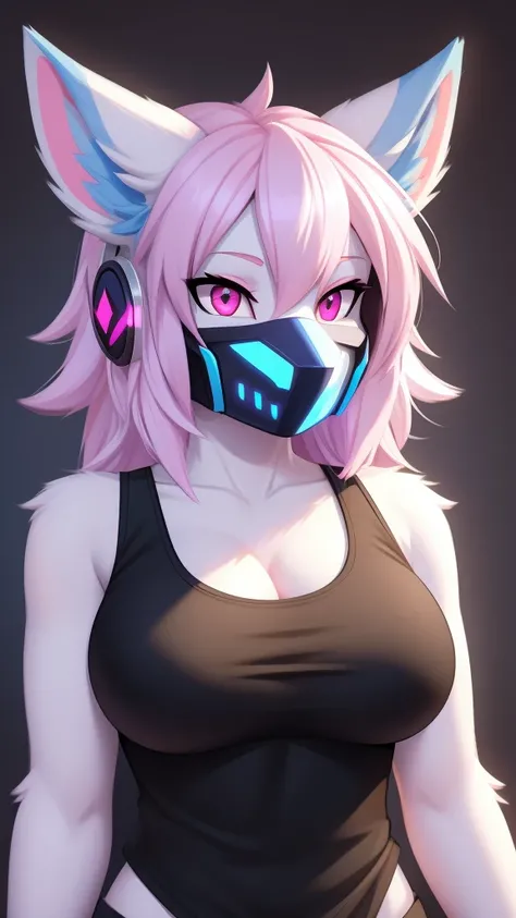 Furry protogen female anthropomorphic white fur pink eyes blue ears wearing a black tank top medium breast size headshot view 