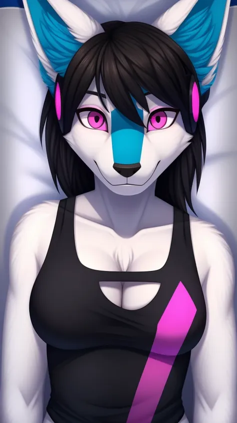 furry protogen female anthropomorphic white fur pink eyes blue ears wearing a black tank top medium breast size headshot view