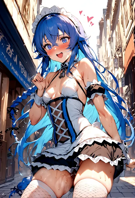 NSFW,masterpiece,Highest quality,High resolution,Super detailed,Roxy Migurdia(Mushoku Tensei ～If you go to another world, youll get serious～),Small breasts,Blue Eyes,Blue Hair,Long Hair,Braid,Twin Blade,(High-quality sexy maid outfit),White fishnet stockin...