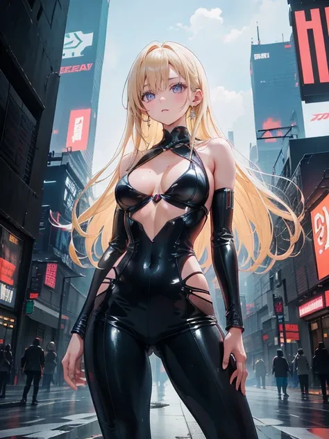 Beautiful woman, slavery clothes, blond, (leathery), revealing, sensuous, Skinned, ((アニメ)), illustration, full colors, foto perfil, Akira Toriyama style, toei animation, in a city at night, (cyberpunk style), medium breasts, breasts small, opaque colors