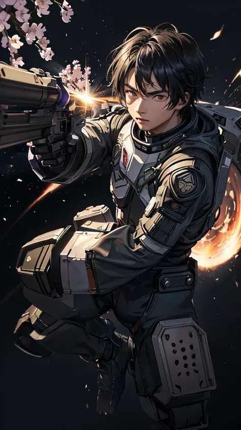 young Asian man in a cyber suit, wild black Hair, brown eyes, serious look on face, White Cyber Suit, dynamic pose shooting beam from chest, yomama_beam, cherry blossoms in space, quasar in backgrounds, fighting robots in space