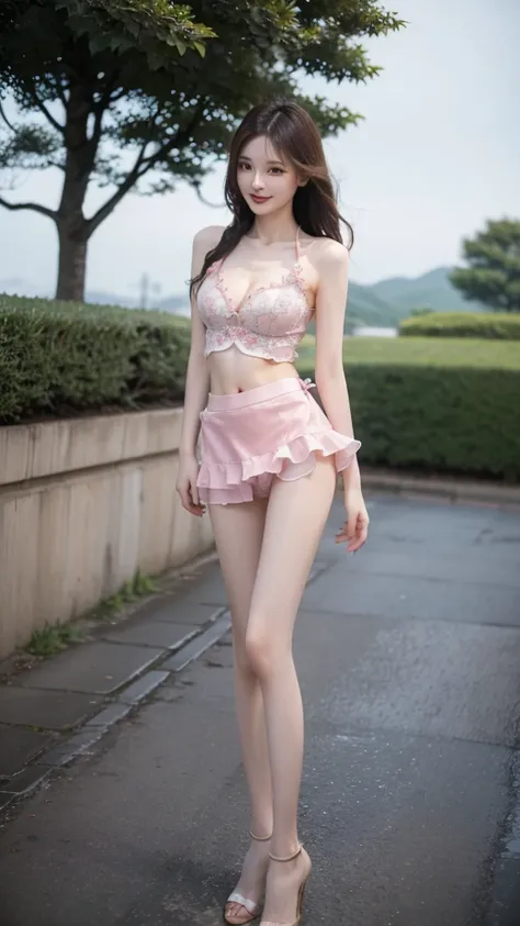 RAW, masterpiece, best quality, extremely detailed, 8k, HDR, photorealistic, intricate, A skinny Asian girl, she has an extremely slim body with (narrow and small hips), long straight hair, cleavage, wearing a top and extremely short pink flared microskirt...