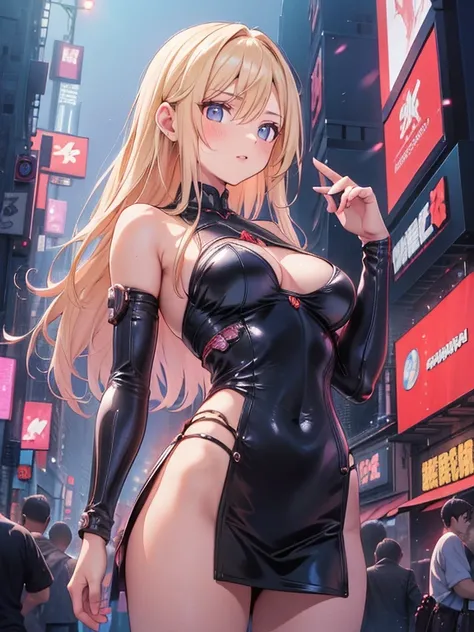 Beautiful woman, slavery clothes, blond, (leathery), revealing, sensuous, Skinned, ((アニメ)), illustration, full colors, foto perfil, Akira Toriyama style, toei animation, in a city at night, (cyberpunk style), medium breasts, breasts small, opaque colors