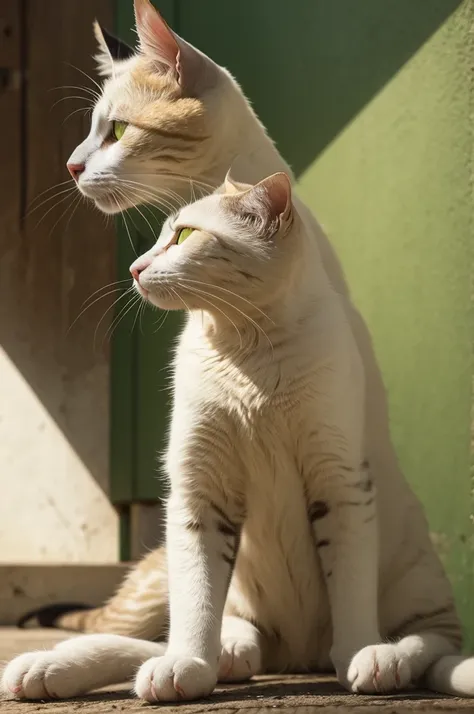 An image of an old cat with a white droop to the knee with green eyes and a yellow cat