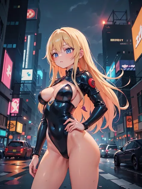 Beautiful woman, slavery clothes, blond, (leathery), revealing, sensuous, Skinned, ((アニメ)), illustration, full colors, foto perfil, Akira Toriyama style, toei animation, in a city at night, (cyberpunk style), medium breasts, breasts small, opaque colors