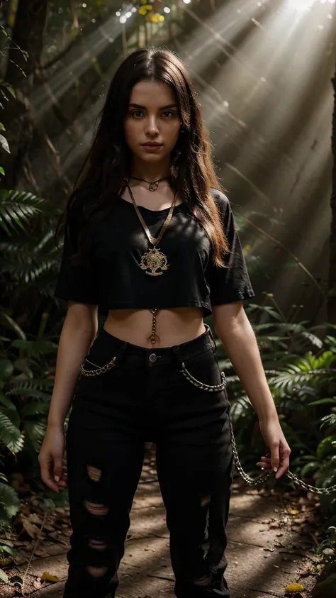 forest, catgirl, black cropped t-shirt adorned with medals and chains, black jeans adorned with chains and patches, beams of sunlight shining through the canopy, yellow eyes, calico fur, beautifully lit, insanely detailed, stunning environment