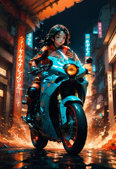 Motorcycle, rider, full body, by Satoshi Kon, dramatic composition, cinematic dynamic action scene, vibrant colors, cinematic lighting, dramatic lighting, best quality, masterpiece, very aesthetic, perfect composition, intricate details, ultra-detailed