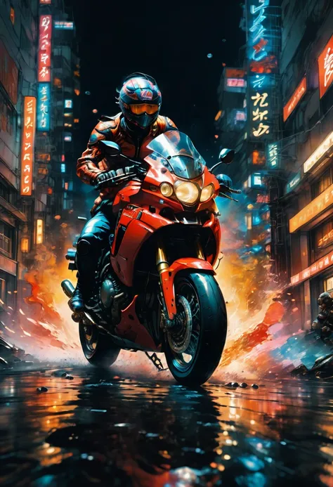 Motorcycle, rider, full body, by Naoki Urasawa, dramatic composition, cinematic dynamic action scene, vibrant colors, cinematic lighting, dramatic lighting, best quality, masterpiece, very aesthetic, perfect composition, intricate details, ultra-detailed