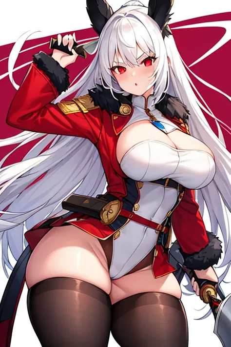 1girl, white hair, long hair, red eyes, serious, glowing eyes, large breasts, thick thighs, mature female, toned, leotard, black leotard, thighhighs, belt, knife, fur trim, fur, jacket, pantyhose