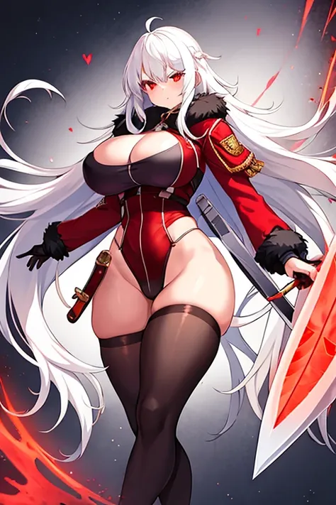 1girl, white hair, long hair, red eyes, serious, glowing eyes, large breasts, thick thighs, mature female, toned, leotard, black leotard, thighhighs, belt, knife, fur trim, fur, jacket, pantyhose