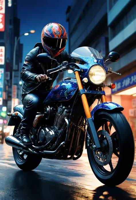 Motorcycle, rider, full body, by Chiho Aoshima, dramatic composition, cinematic dynamic action scene, vibrant colors, cinematic lighting, dramatic lighting, best quality, masterpiece, very aesthetic, perfect composition, intricate details, ultra-detailed