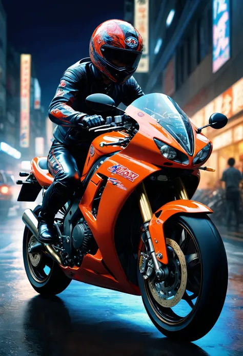 Motorcycle, rider, full body, by Chiho Aoshima, dramatic composition, cinematic dynamic action scene, vibrant colors, cinematic lighting, dramatic lighting, best quality, masterpiece, very aesthetic, perfect composition, intricate details, ultra-detailed