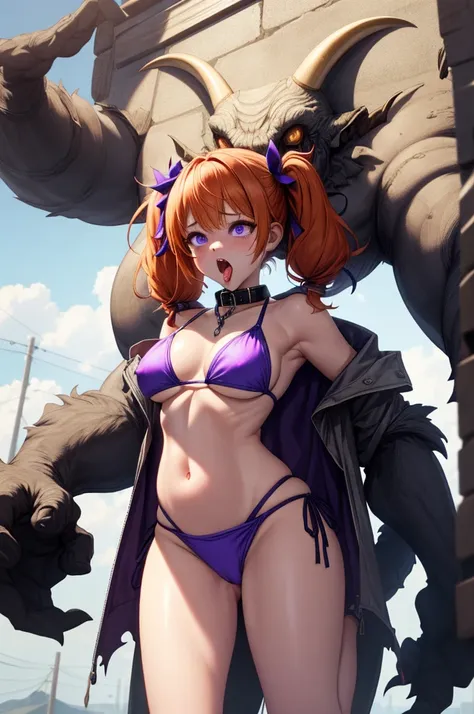 (best quality, masterpiece, uncensored, high quality, ultra detailed, extremely detailed CG, beautiful face, beautiful eyes, beautiful hair), solo, (1girl, (((orange hair, blue purple inner, Hair Flaps, long twintails)))), (((((sports bikini, collar, cloth...