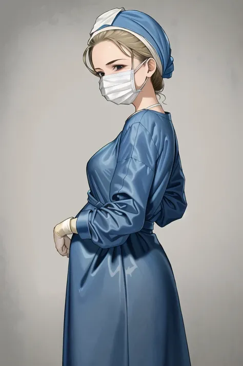 ((masterpiece, best quality, high quality)),1girl, pregnant, (hospital), infirmary, (surgical_uniform, mask, long sleeves, surgical mask,long dress, latex gloves,surgical cap),