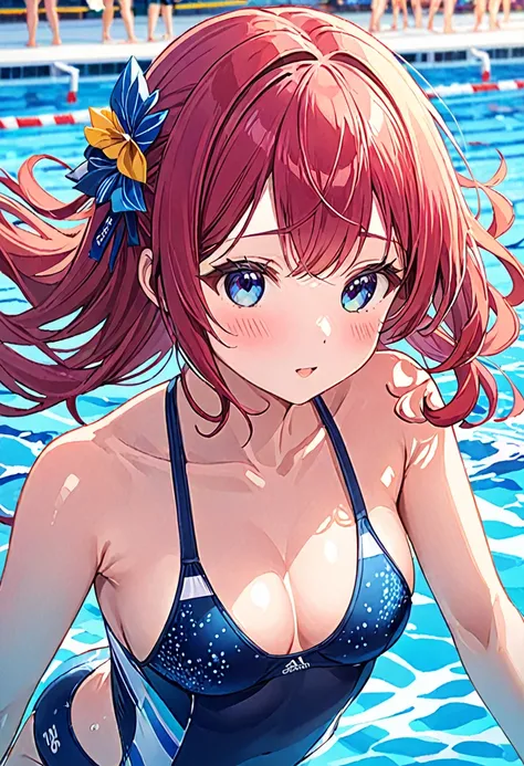 Highest quality、High resolution、Detailed Background、Beautiful girl in her 20s、Cute hair colors、Sexy competition swimwear、Perfect body line、Olympic、Swimmers swimming in the pool、Swimming