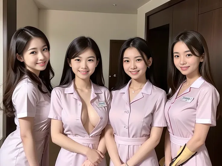 Three beautiful women、15 years old 、Upper Body、Waist、Lady、80mm lens、Highest quality、Small breasts、Small Breasts、Are thin、Luxury、smile、Reception、Nurse uniform center nude、Three nurses