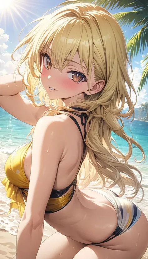 masterpiece, rich colors, Best quality, detailed, high resolution, Hyper quality, high detail, , high quality, detailing, skinny sexy girl on the beach , bright lighting , Brown eyes, Anime, palm trees, bright lighting, blonde,