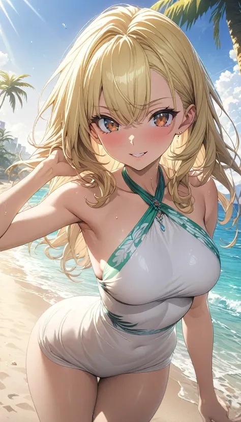 masterpiece, rich colors, Best quality, detailed, high resolution, Hyper quality, high detail, , high quality, detailing, skinny sexy girl on the beach , bright lighting , Brown eyes, Anime, palm trees, bright lighting, blonde,